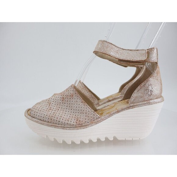 Fly London Women Yake Sandal Size 37 6 Pearl Leather Slingback Wedge Platform - Picture 4 of 13